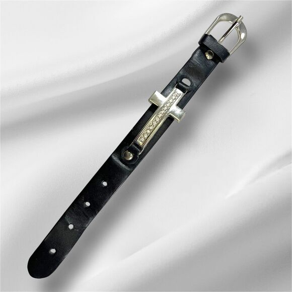 Black Leather Belt Style Bracelet Silvertone Cross Clear Rhinestones Vintage 9” - Picture 6 of 6